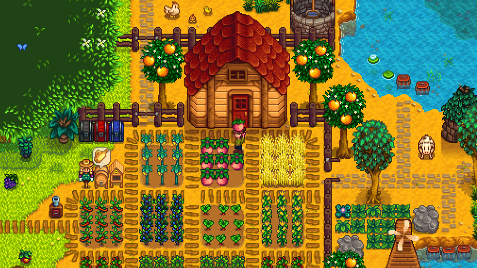 Stardew Valley screenshot showing a farm house and crops by the water